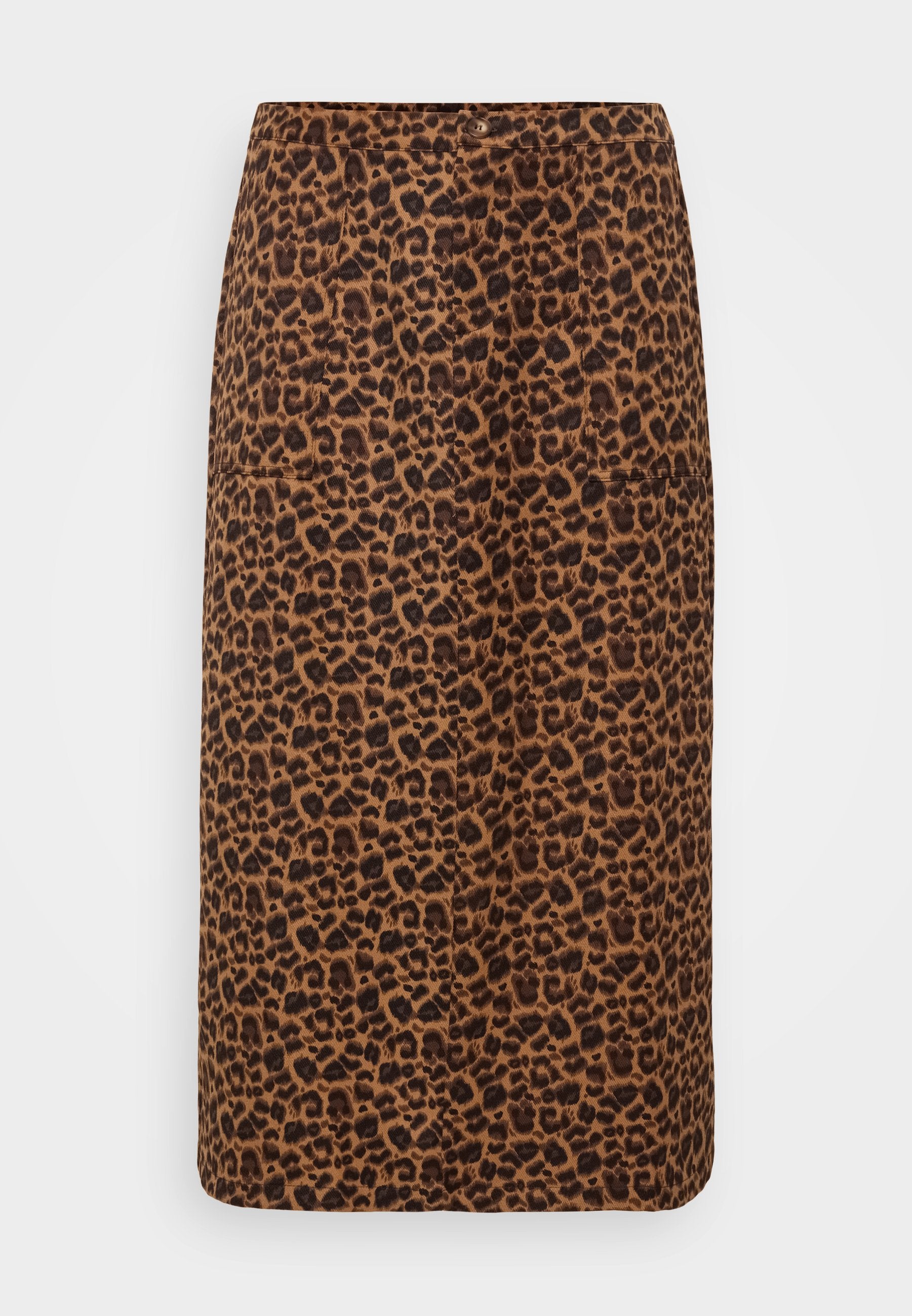 Bleistiftrock mit Leopardenmuster in Brauntönen und Schwarz, mit glatter Textur, elegantem Design und geradem Schnitt. Mit Taschen.