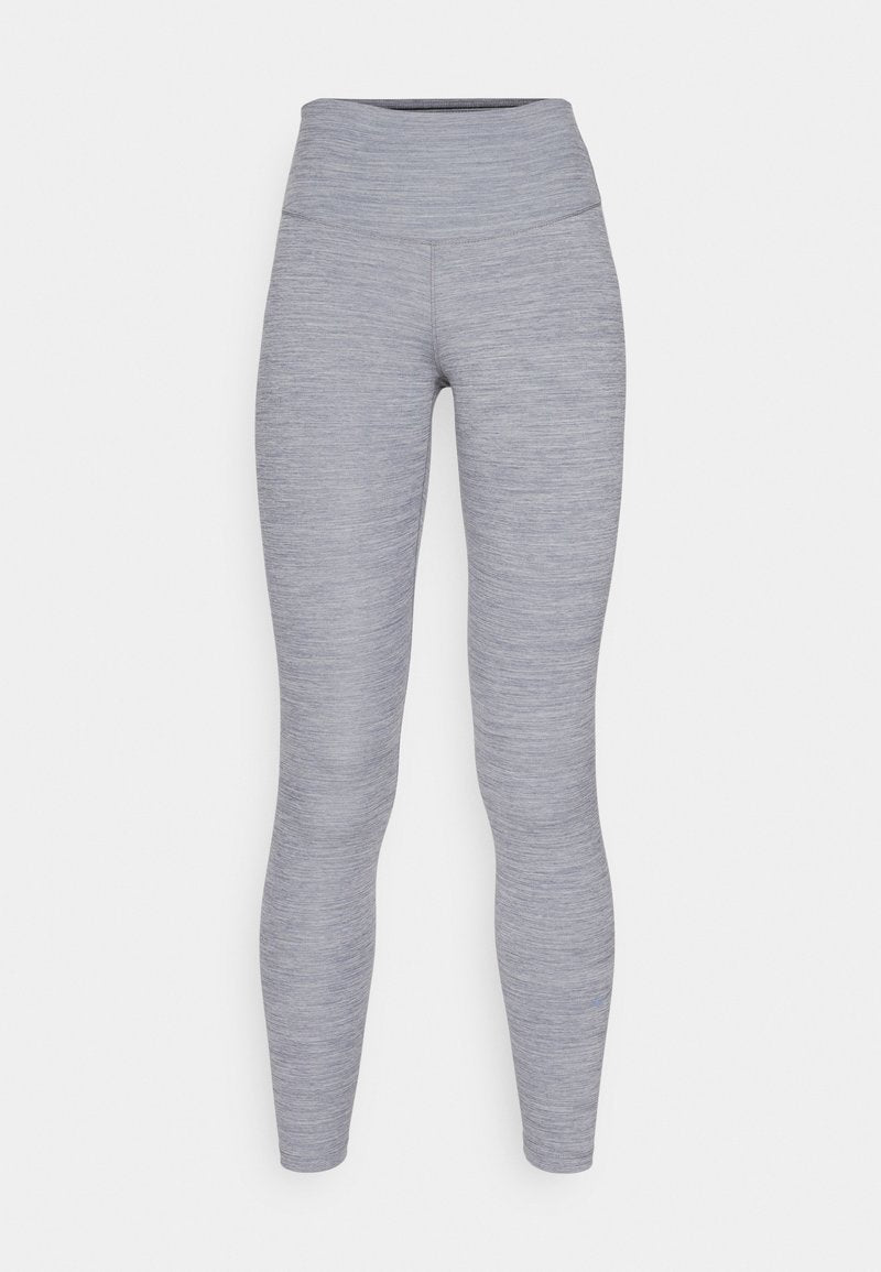 Graue Sportleggings mit hohem Bund, aus einem strukturierten Stoff mit einem dezenten melierten Muster. Enganliegende Silhouette.