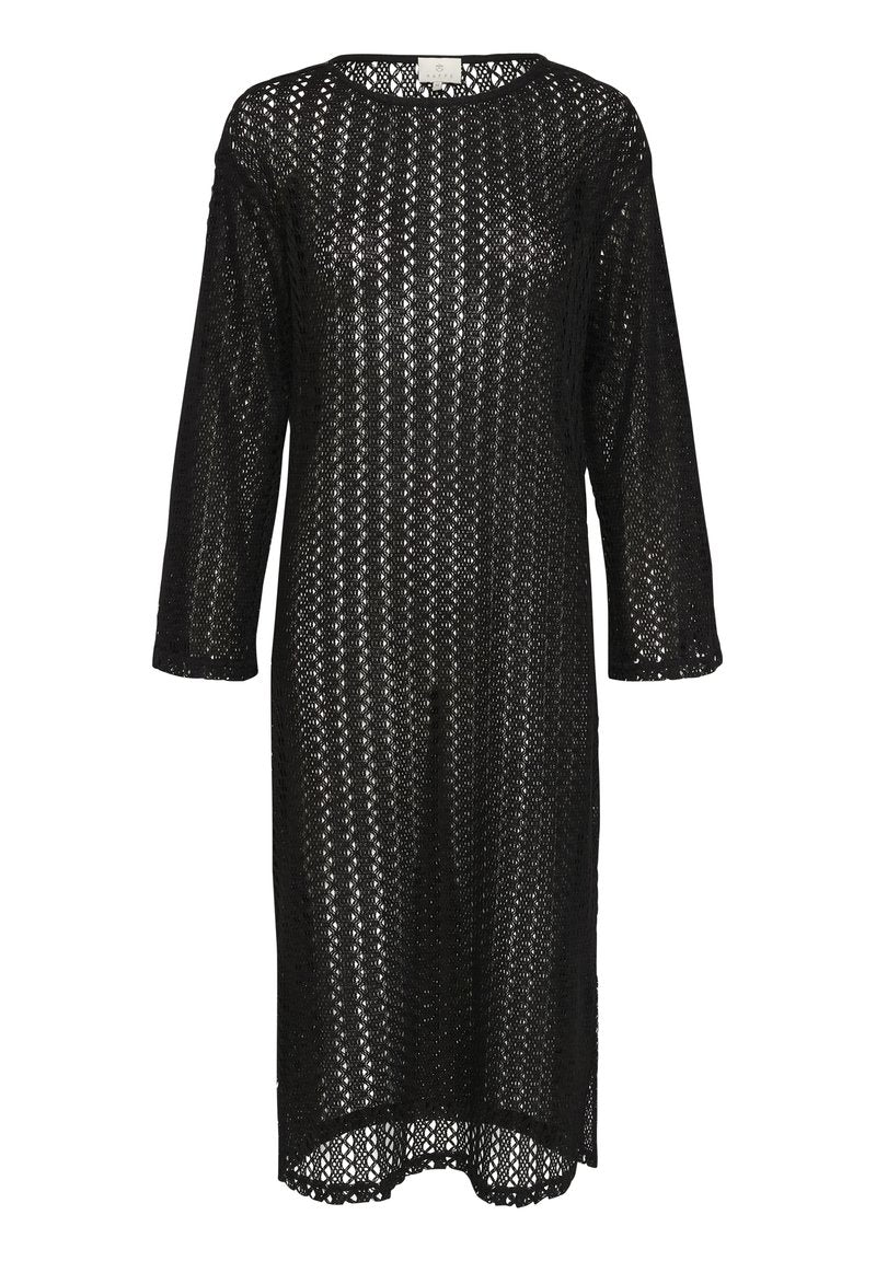 Schwarzes Strickkleid mit lockerer Passform, langen Ärmeln und einem strukturierten, offenen Gewebe-Design sowie einem abgerundeten Saum.
