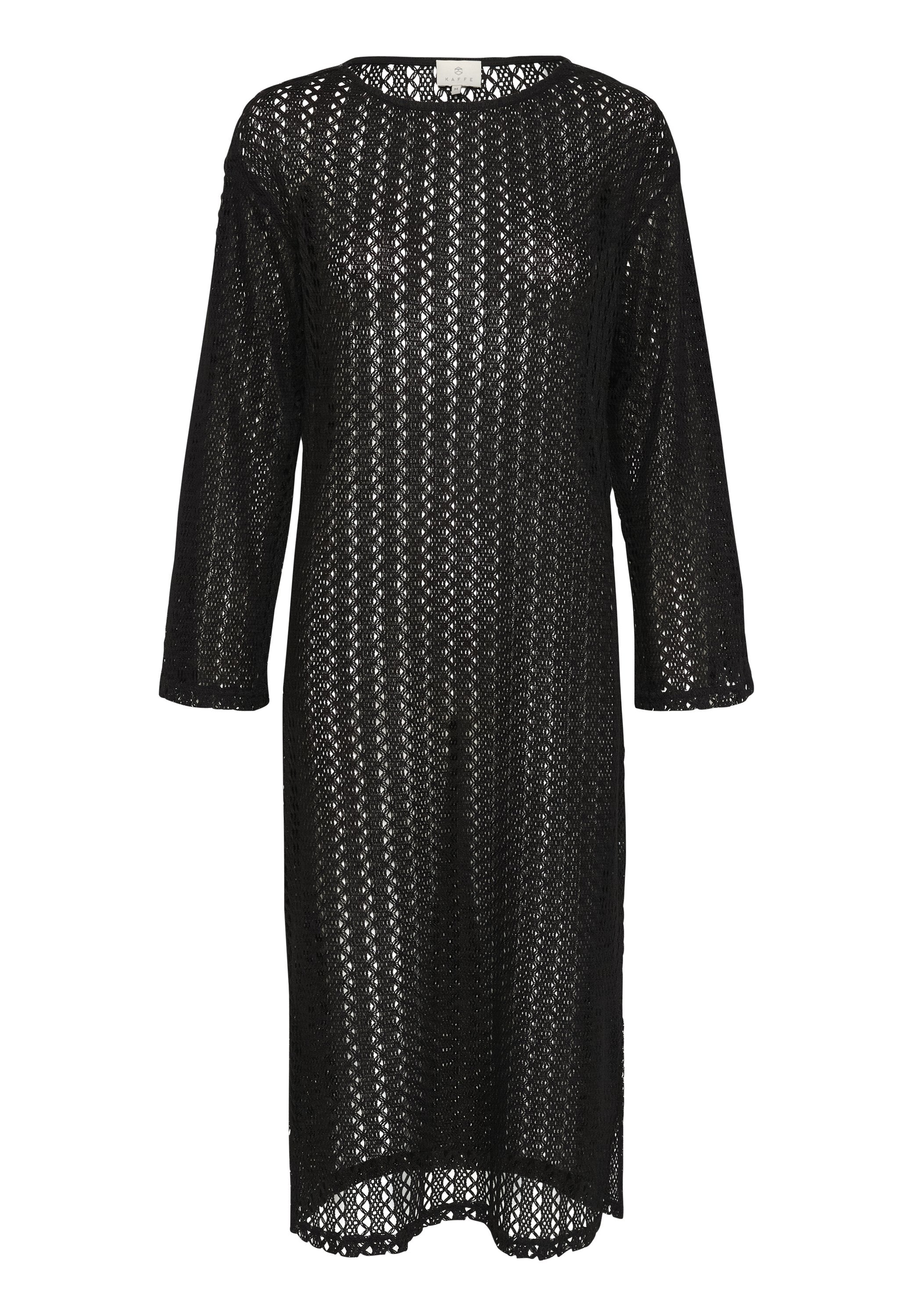 Schwarzes Strickkleid mit lockerer Passform, langen Ärmeln und einem strukturierten, offenen Gewebe-Design sowie einem abgerundeten Saum.
