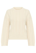 Off-white gestrickter Pullover mit einem gerippten Rundhalsausschnitt, strukturierten Zopfmustern und weiten Ärmeln. Aus weichem, dickem Material gefertigt.