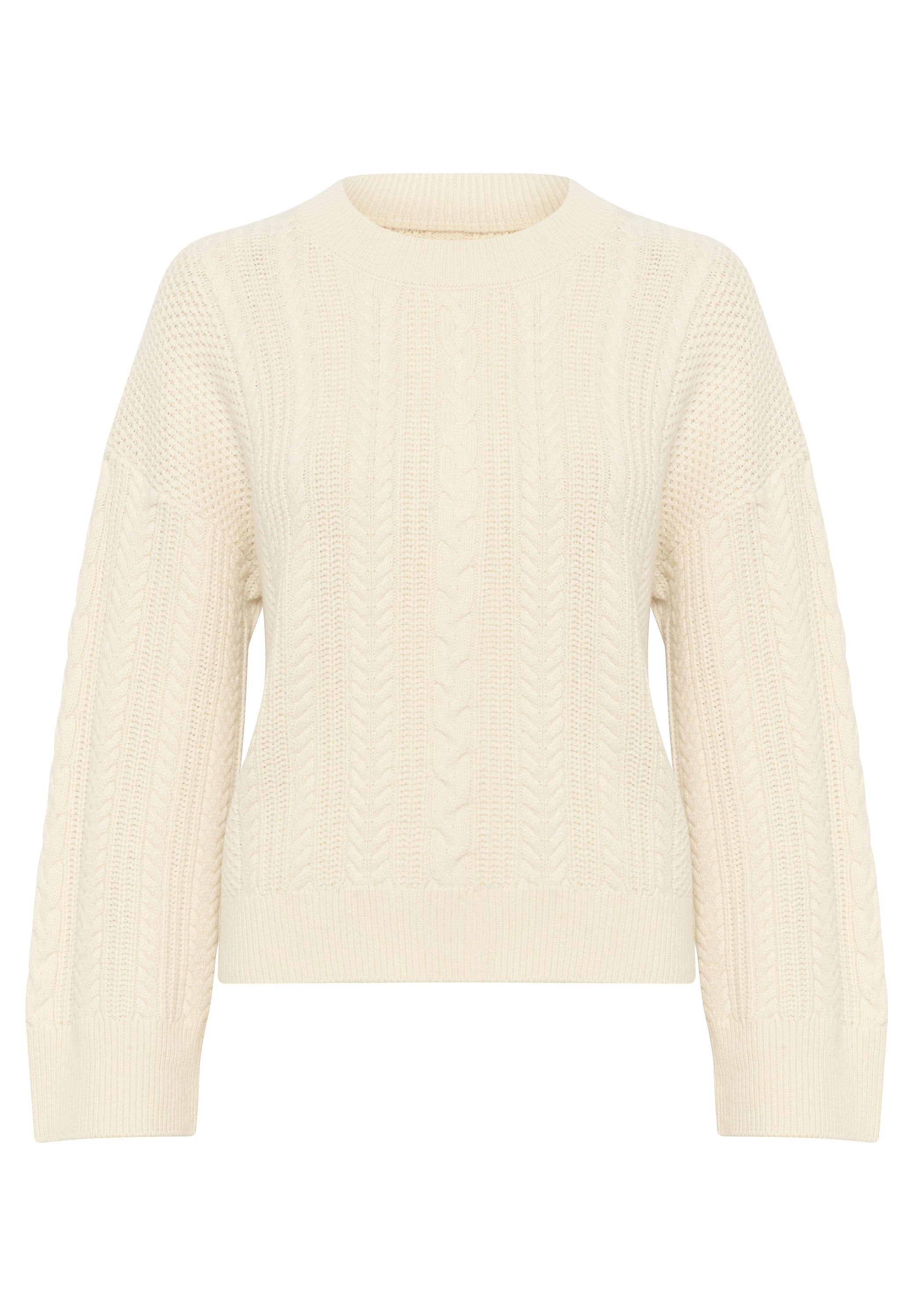 Off-white gestrickter Pullover mit einem gerippten Rundhalsausschnitt, strukturierten Zopfmustern und weiten Ärmeln. Aus weichem, dickem Material gefertigt.