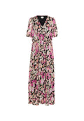 Maxikleid mit kurzen Puffärmeln, V-Ausschnitt, Kordelzug in der Taille und abstraktem Blumenmuster in Pink, Schwarz, Weiß und Beige.