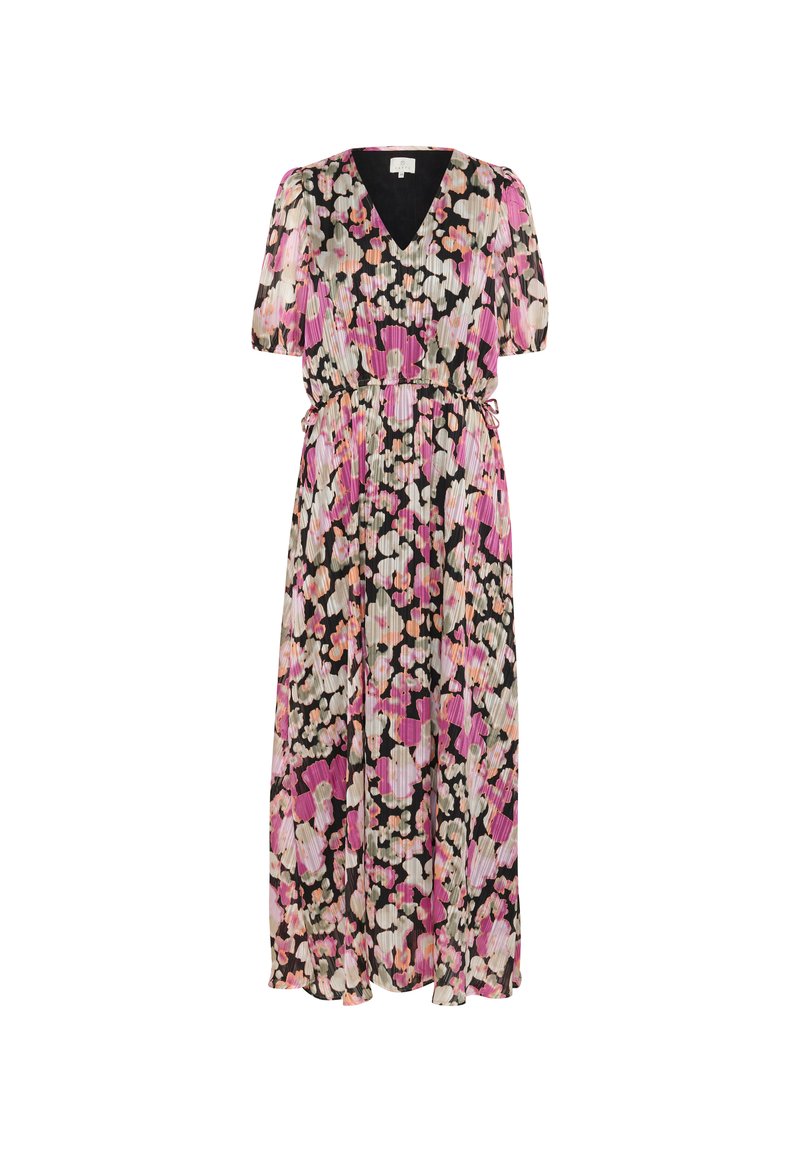 Maxikleid mit kurzen Puffärmeln, V-Ausschnitt, Kordelzug in der Taille und abstraktem Blumenmuster in Pink, Schwarz, Weiß und Beige.