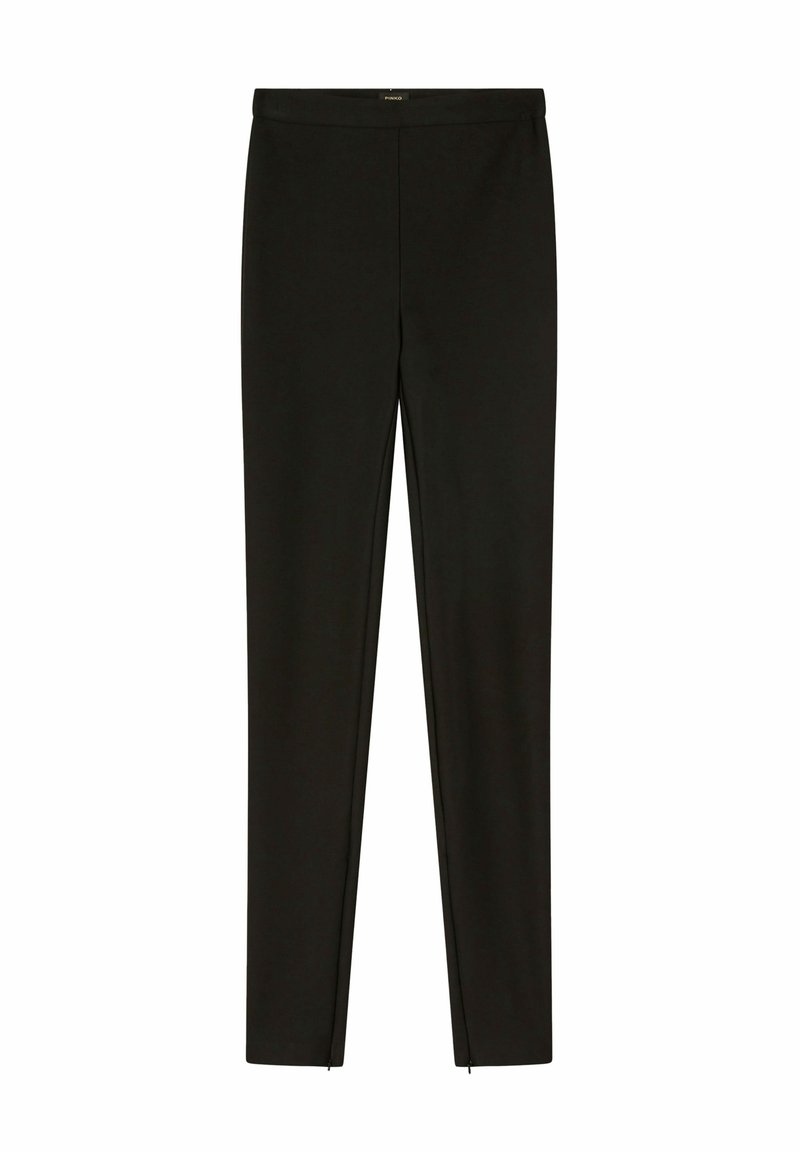 Schwarze Leggings aus elastischem Stoff, mit einem enganliegenden Design, einer glatten Textur und ohne sichtbare Hardware oder Muster.