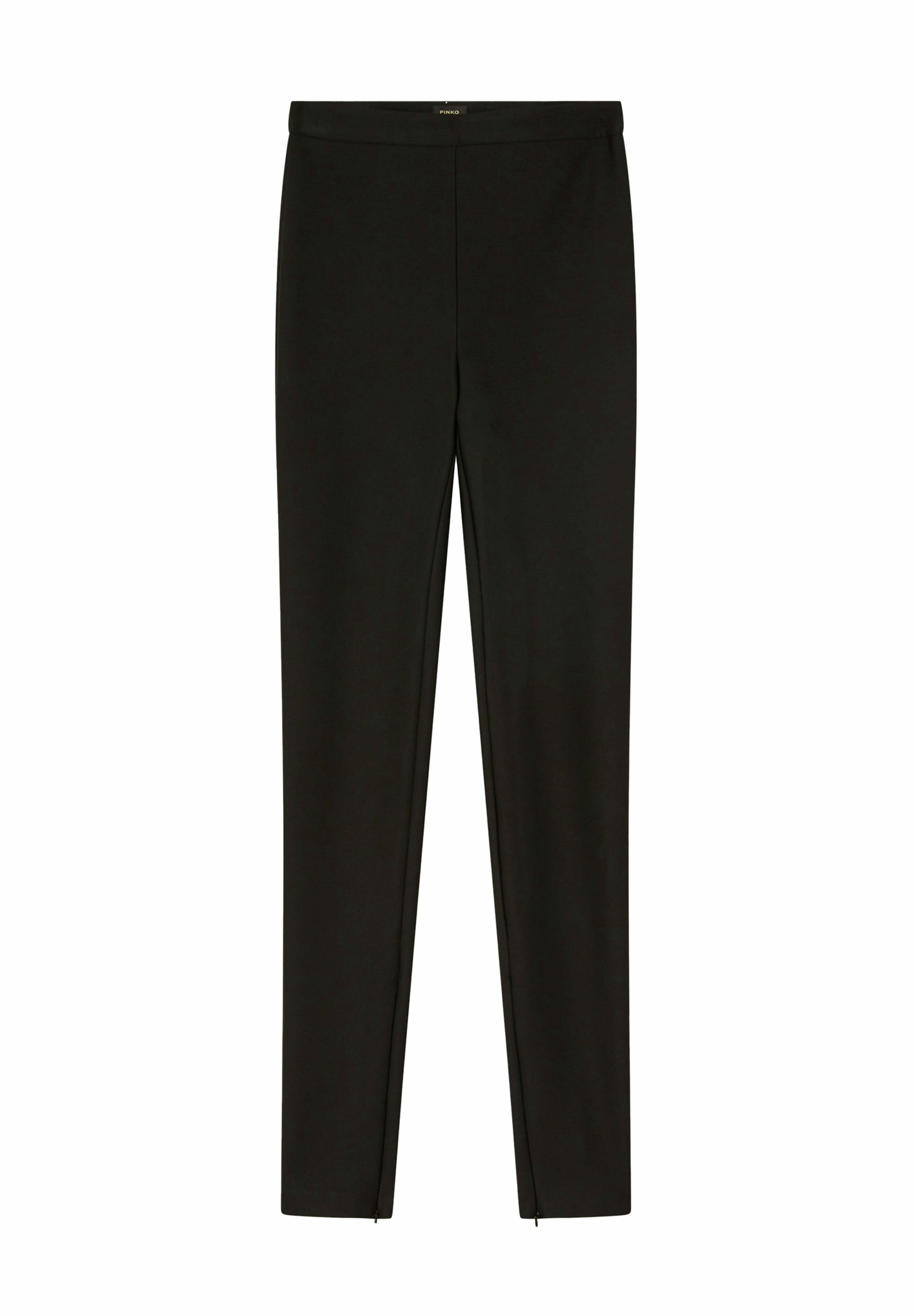 Schwarze Leggings aus elastischem Stoff, mit einem enganliegenden Design, einer glatten Textur und ohne sichtbare Hardware oder Muster.