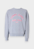 Hellgrauer Sweatshirt aus Baumwollmischung mit Rundhalsausschnitt und gerippten Bündchen. Zeigt "TOMMY JEANS NEW YORK CITY" in roter Stickerei.