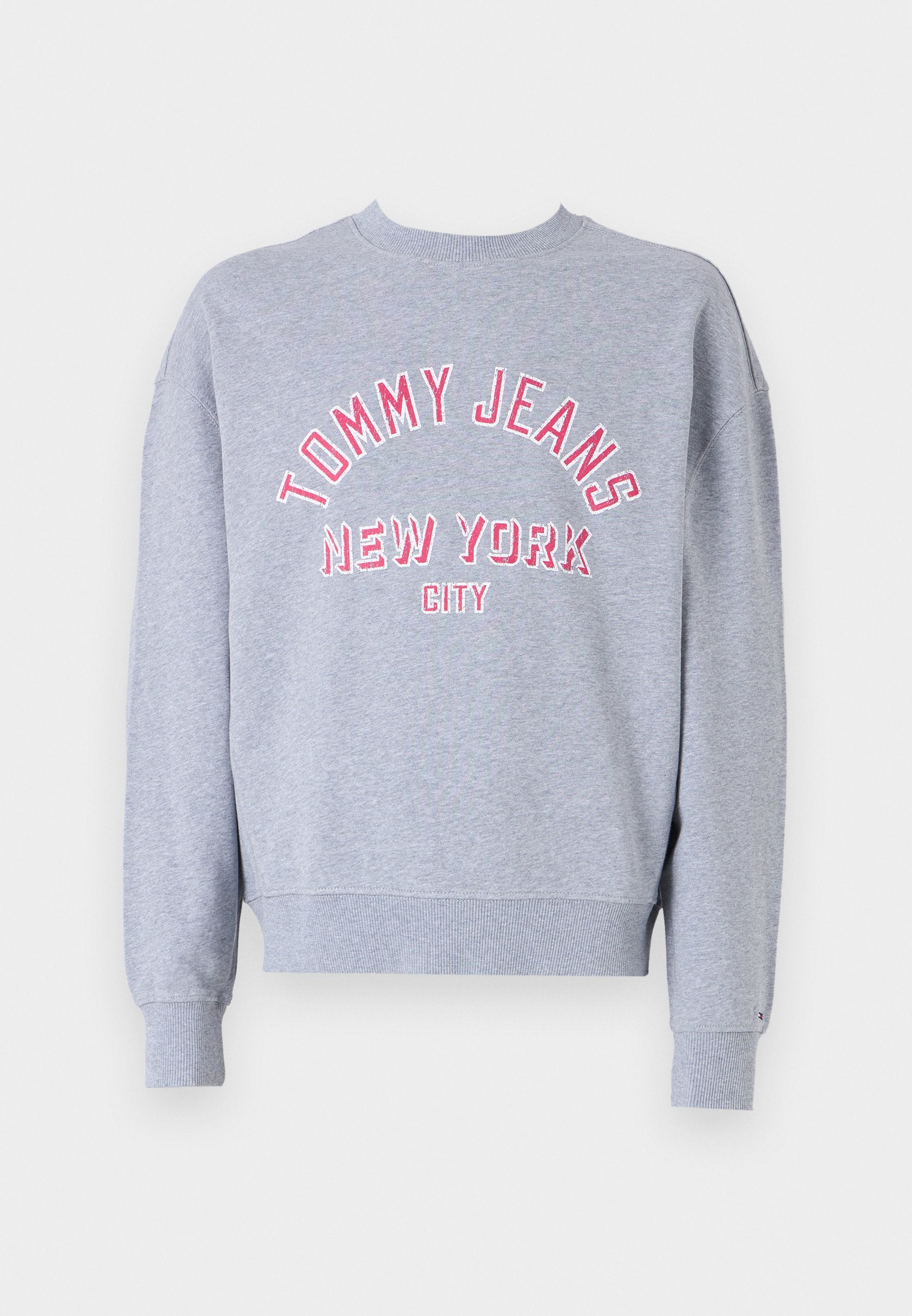 Hellgrauer Sweatshirt aus Baumwollmischung mit Rundhalsausschnitt und gerippten Bündchen. Zeigt "TOMMY JEANS NEW YORK CITY" in roter Stickerei.