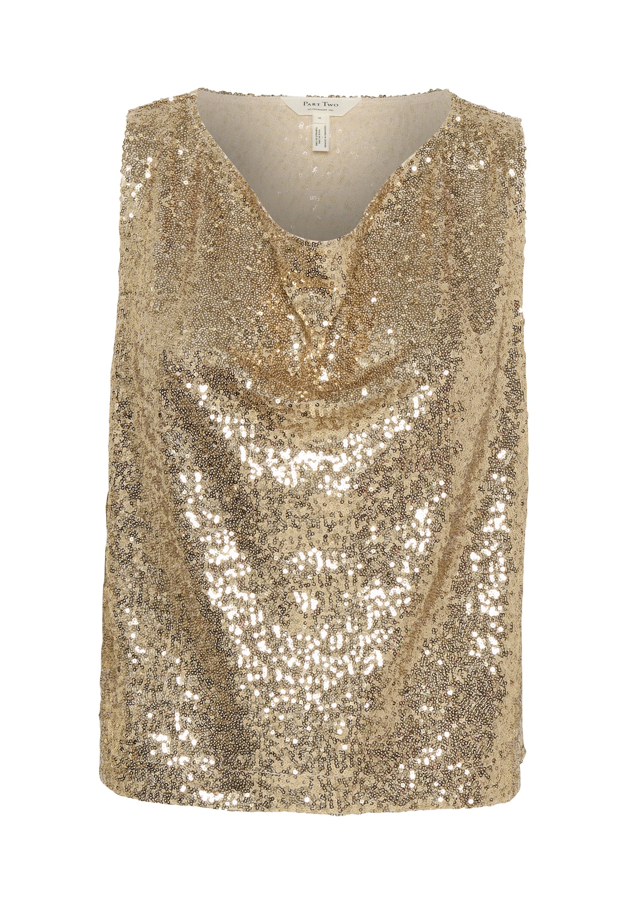 Goldener Pailletten-Top mit einem weichen, drapierten Design, das über einen tiefen V-Ausschnitt und einen glatten Stoffrücken verfügt. Keine Ärmel und keine sichtbaren Verschlüsse.