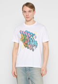 Weißes Baumwoll-T-Shirt mit einem mehrfarbigen Cartoon-Hasen-Print in Blau, Pink und Gelb. Klassisches Rundhalsausschnitt-Design.