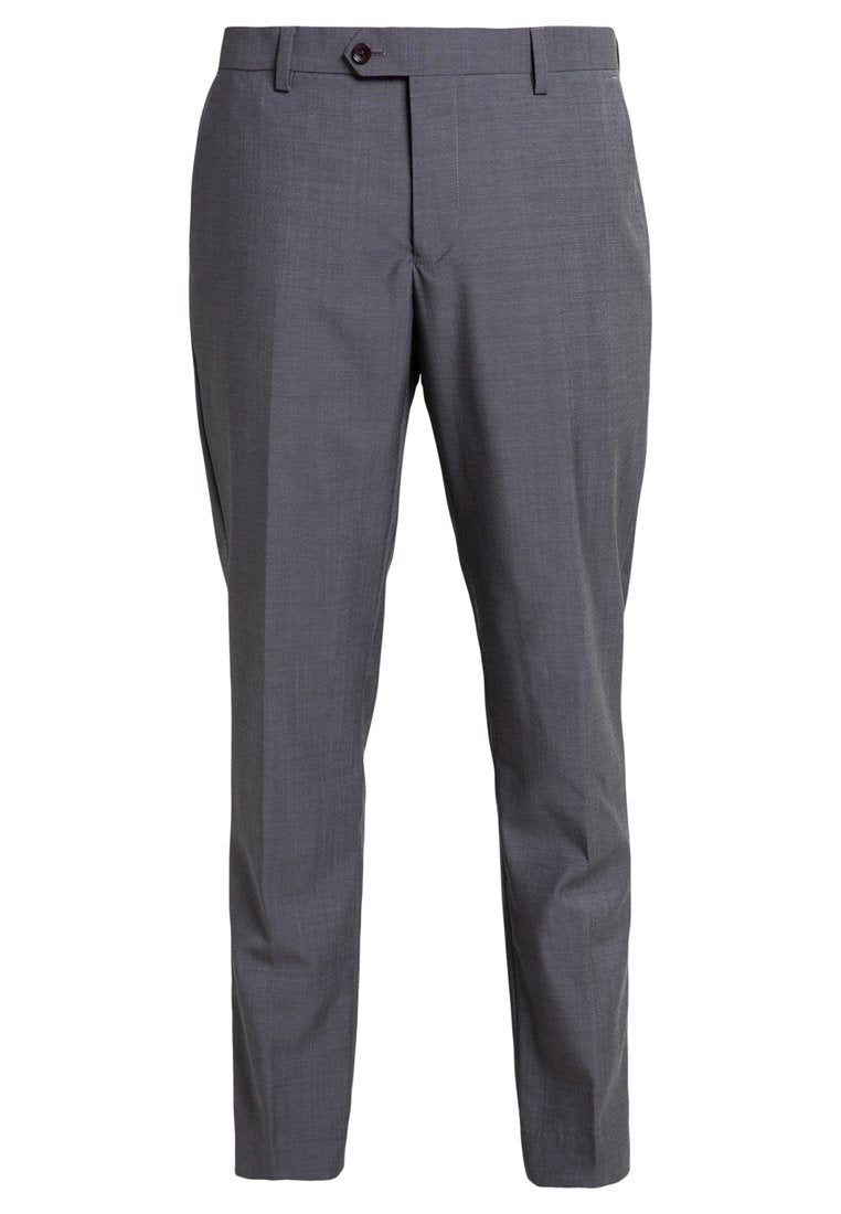 Graue, maßgeschneiderte Hose aus einem strukturierten Stoff, mit einem einfachen Knopfverschluss, Gürtelschlaufen und schlanker Passform.