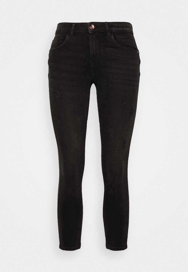 Schwarze, schmale Jeans aus Denim mit hoher Taille, auffälligen Distressed-Details auf der Vorderseite und einem standardmäßigen Knopf- und Reißverschluss.