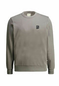 Grauer Sweatshirt mit Rundhalsausschnitt, langen Ärmeln, elastischen Bündchen und einem kleinen schwarzen Logo-Patch auf der Brust. Weiches Textilmaterial.