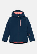 Marineblaue Kapuzenjacke mit korallenrosafarbenem Innenfutter und Reißverschlüssen, Vordertasche auf der Brust, CMP-Logo auf der rechten Brustseite und verstellbaren Ärmelbündchen.