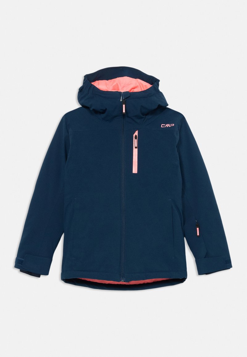 Marineblaue Kapuzenjacke mit korallenrosafarbenem Innenfutter und Reißverschlüssen, Vordertasche auf der Brust, CMP-Logo auf der rechten Brustseite und verstellbaren Ärmelbündchen.
