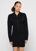 Schwarzes Strickkleid mit einem Reißverschluss an der Vorderseite, Kragen und langen Ärmeln. Verfügt über eine taillierte Silhouette und gerippte Textur.