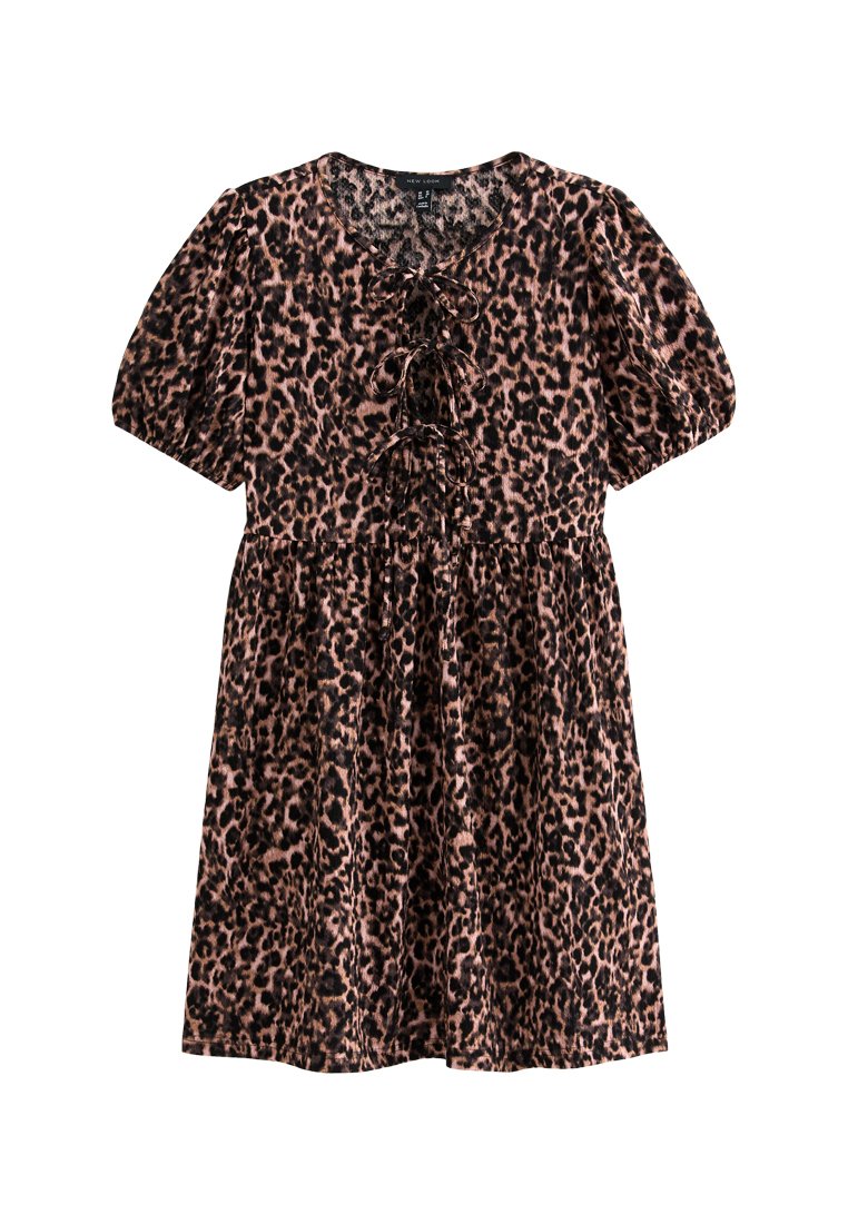 Leopardenmusterkleid in Rosa- und Schwarzen Nuancen, kurze Puffärmel, V-Ausschnitt mit Bindedetail und gerafftem Rock. Weicher Stoff.