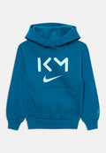 Blauer Kapuzenpullover mit Fronttasche, hellblauem "KM" und Nike-Swoosh-Logo auf der Brust sowie elastischen Bündchen an den Ärmeln.