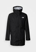 Schwarze wasserdichte Jacke mit Kapuze, Frontreißverschluss und zwei großen Taschen. Mit Logo auf der linken Brustseite und verstellbaren Bündchen. Leichtes Material.