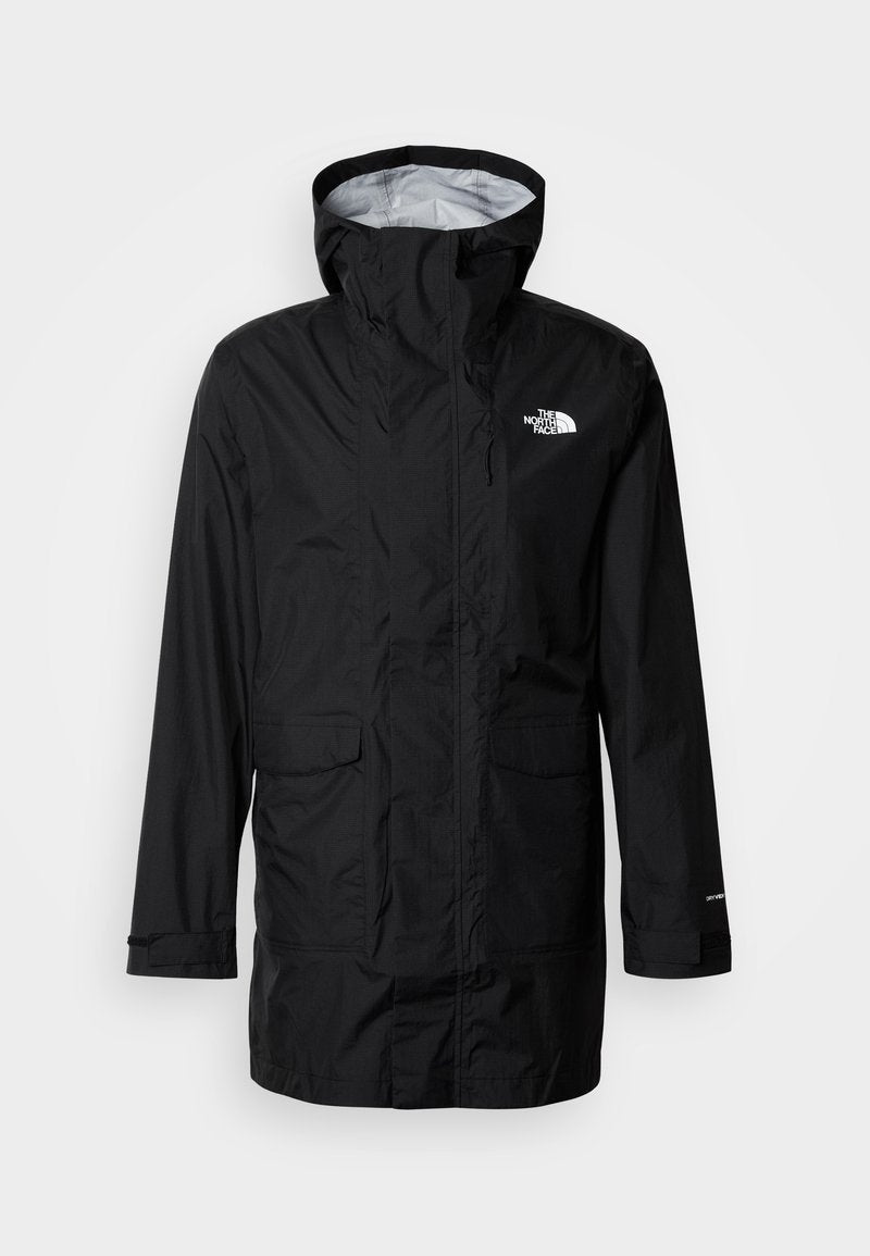 Schwarze wasserdichte Jacke mit Kapuze, Frontreißverschluss und zwei großen Taschen. Mit Logo auf der linken Brustseite und verstellbaren Bündchen. Leichtes Material.