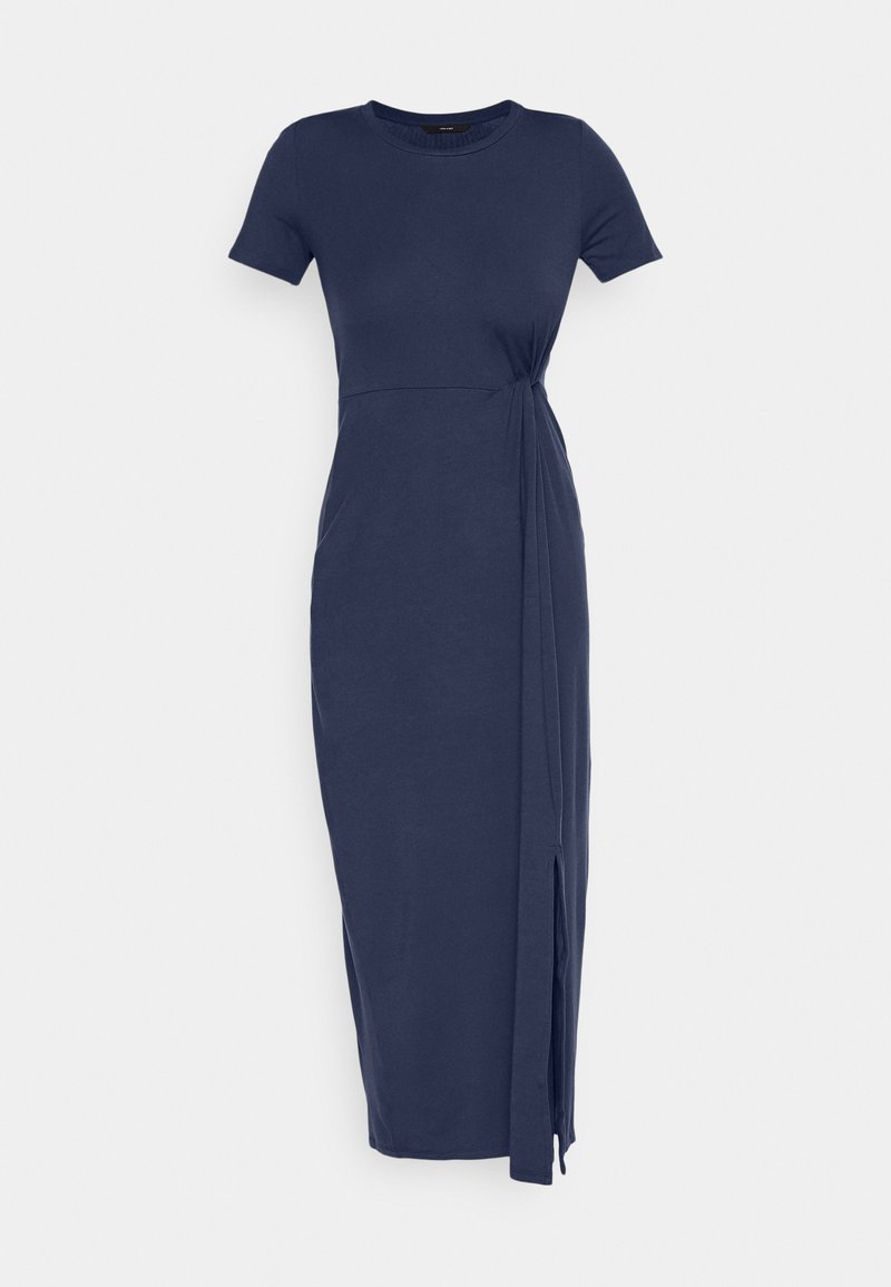 Marineblaues, kurzärmeliges Kleid mit Rundhalsausschnitt, das ein seitliches Knotendetail und einen hochgeschlitzten Saum aufweist, aus weichem Baumwollmaterial gefertigt.