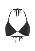Schwarzes Bikini-Oberteil mit dreieckigem Design, Bindebänder am Hals und Rücken, aus glattem Stoff, mit feinen Nähten und einem Logodetail.