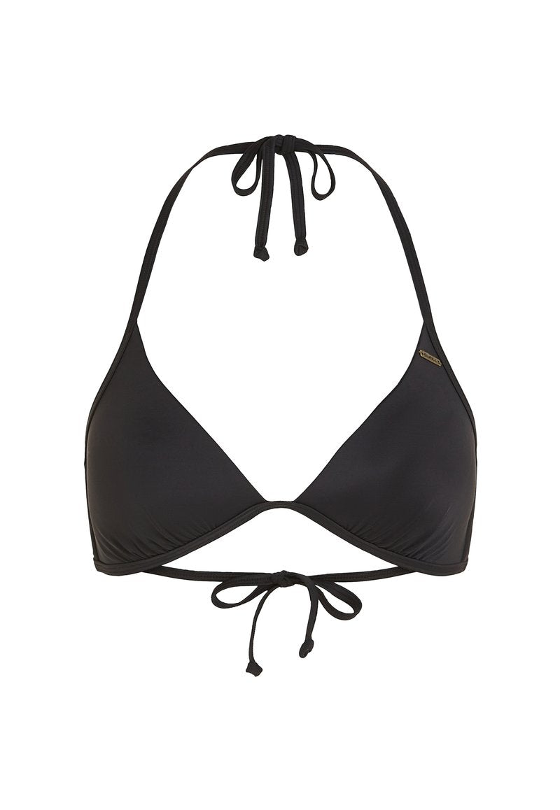 Schwarzes Bikini-Oberteil mit dreieckigem Design, Bindebänder am Hals und Rücken, aus glattem Stoff, mit feinen Nähten und einem Logodetail.