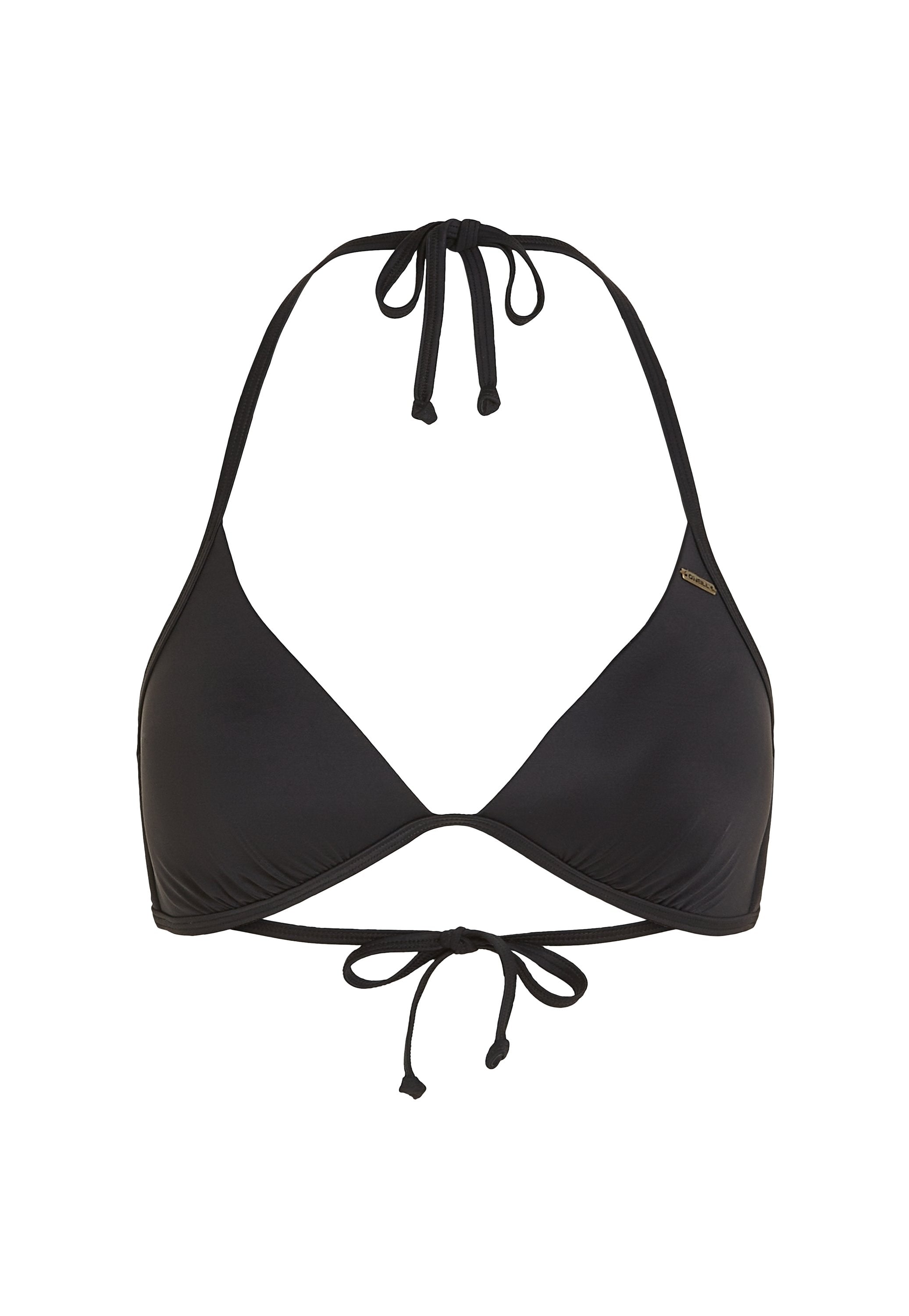 Schwarzes Bikini-Oberteil mit dreieckigem Design, Bindebänder am Hals und Rücken, aus glattem Stoff, mit feinen Nähten und einem Logodetail.