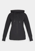 Schwarzer Langarm-Zip-Hoodie mit Kordeln, Frontreißverschluss und tailliertem Design vor weißem Hintergrund.