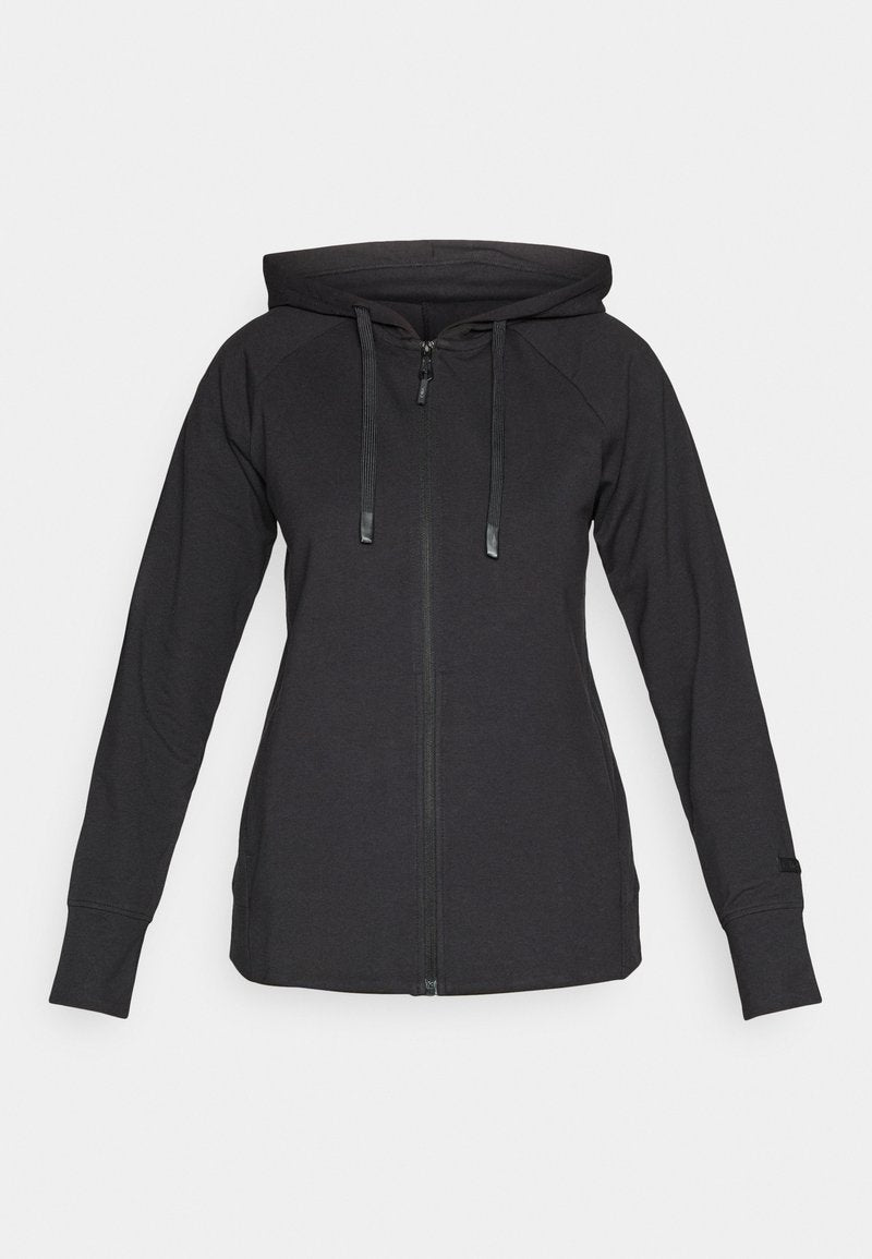Schwarzer Langarm-Zip-Hoodie mit Kordeln, Frontreißverschluss und tailliertem Design vor weißem Hintergrund.