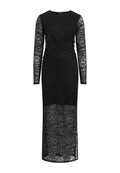 Schwarzes Spitzen-Abendkleid mit langen Ärmeln, das einen gerafften Brustbereich und eine transparente Spitzen-Overlay hat. Der Saum ist lang und eng anliegend.