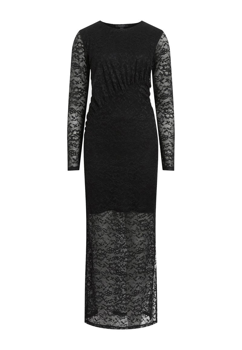 Schwarzes Spitzen-Abendkleid mit langen Ärmeln, das einen gerafften Brustbereich und eine transparente Spitzen-Overlay hat. Der Saum ist lang und eng anliegend.