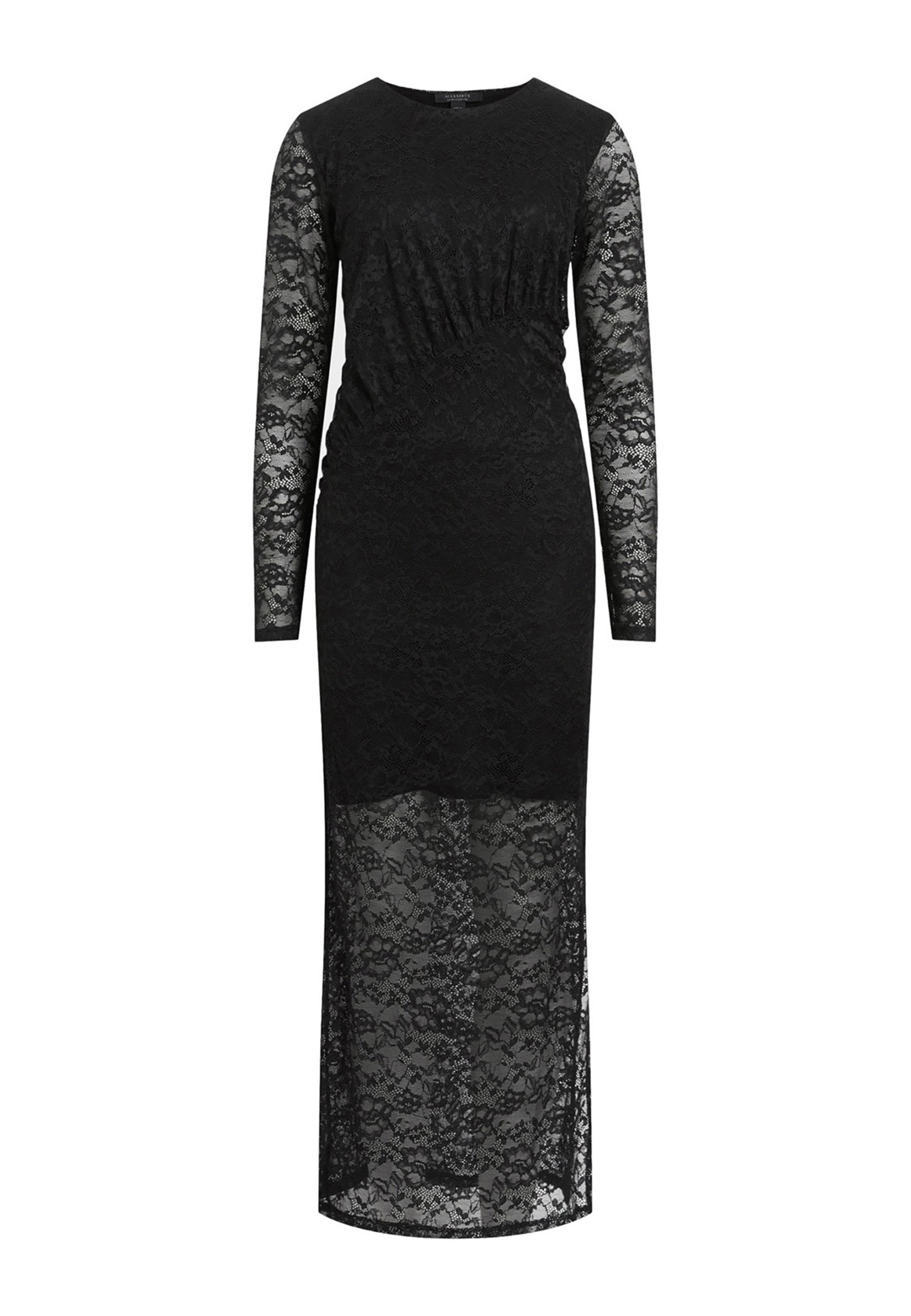 Schwarzes Spitzen-Abendkleid mit langen Ärmeln, das einen gerafften Brustbereich und eine transparente Spitzen-Overlay hat. Der Saum ist lang und eng anliegend.