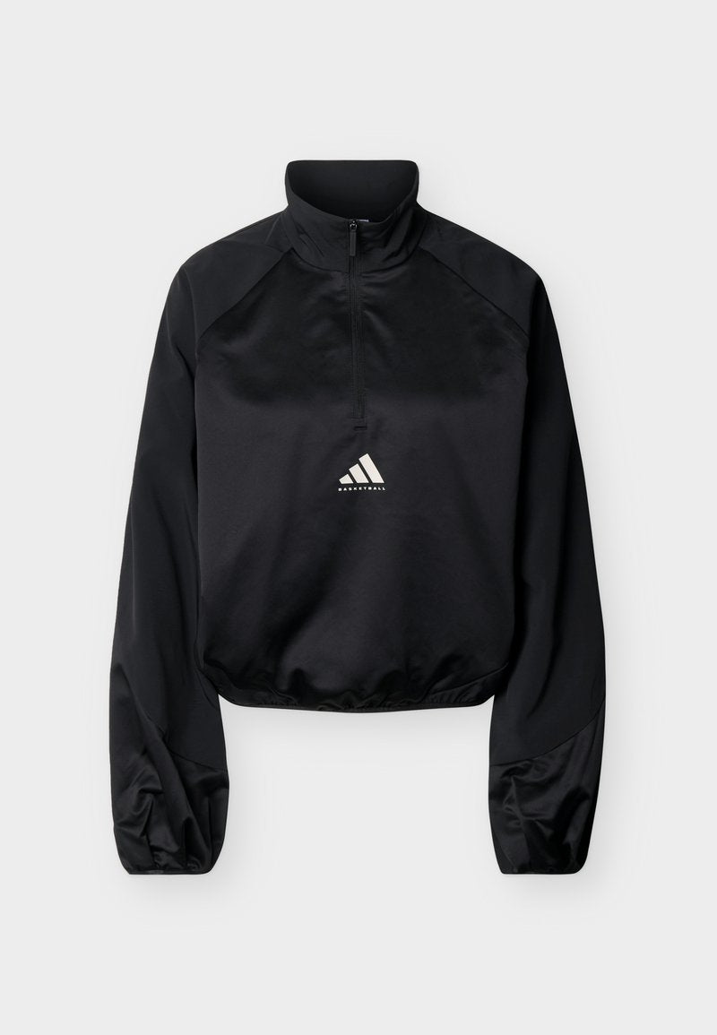 Schwarzer Sportpullover mit langen Ärmeln, halbem Reißverschluss, hohem Kragen, elastischem Saum und Adidas Basketball-Logo mittig auf der Vorderseite.