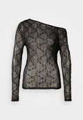 Schwarzes Spitzentop mit langen Ärmeln, asymmetrischem Ausschnitt, komplexem Muster und transparenter Textur, mit einem soliden schwarzen Saum.