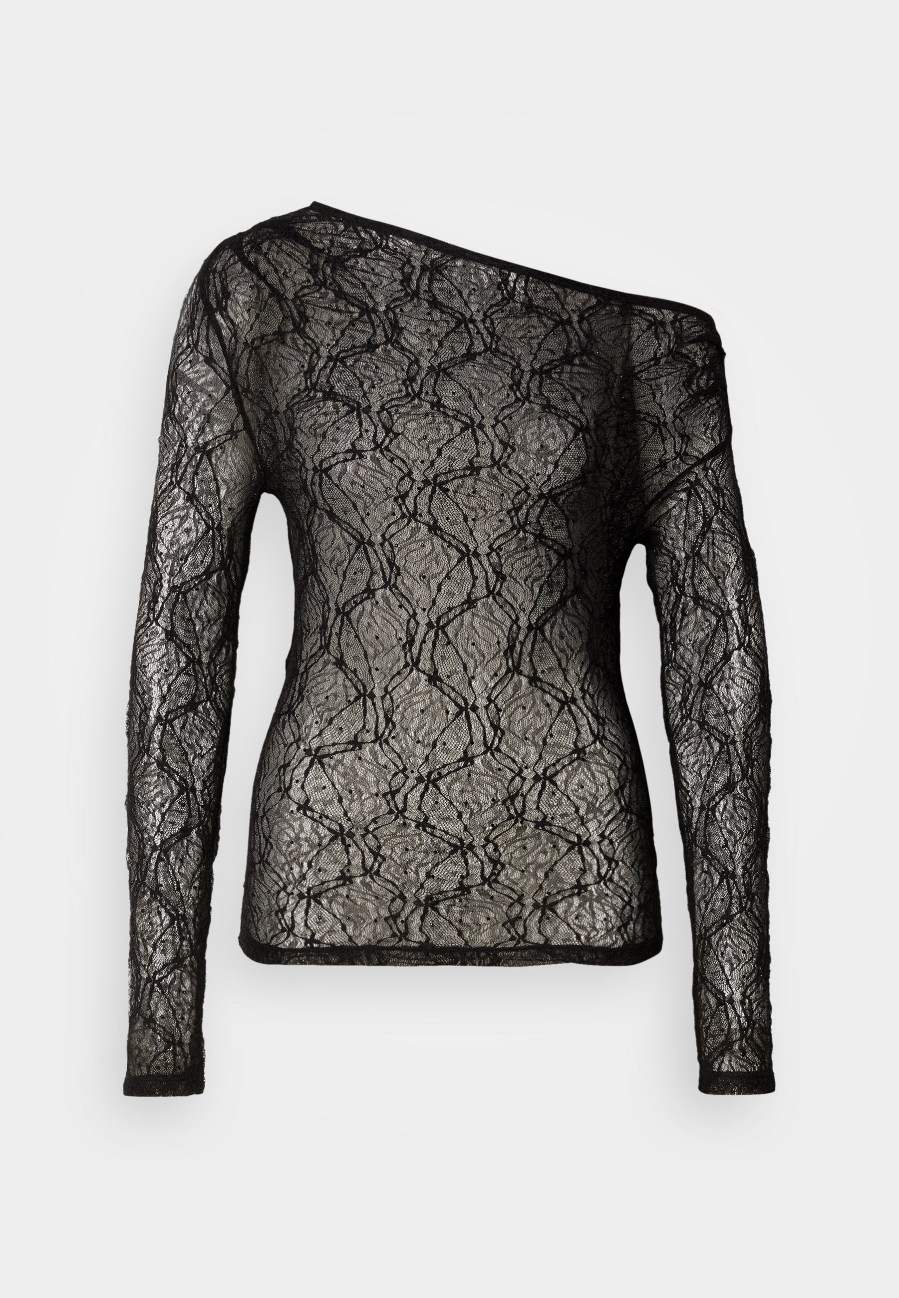Schwarzes Spitzentop mit langen Ärmeln, asymmetrischem Ausschnitt, komplexem Muster und transparenter Textur, mit einem soliden schwarzen Saum.