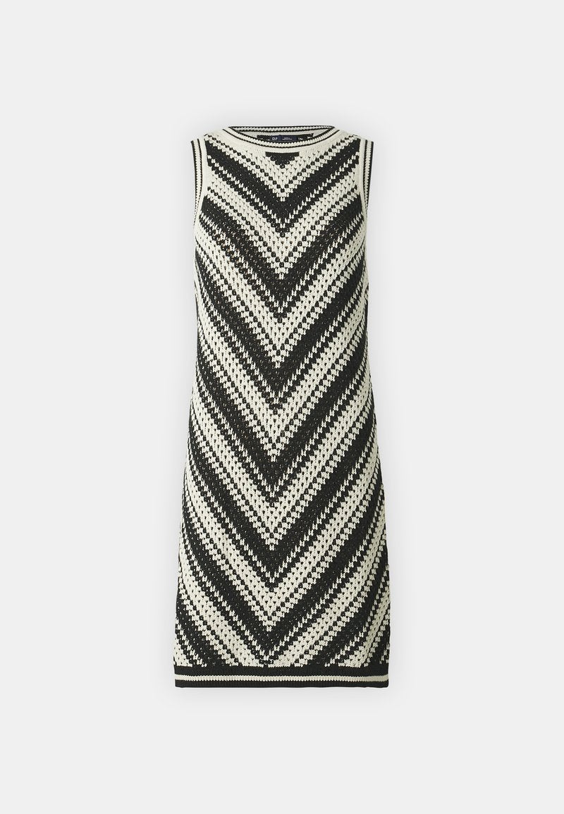 Strickkleid ohne Ärmel mit einem schwarz-weißen Zickzackmuster, angedeutetem Halsausschnitt und Saum. Stilvolles, strukturiertes und figurbetontes Design.
