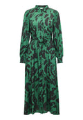 Grünes Leopardenmusterkleid mit Kragen, Knopfverschluss, langen Ärmeln und gebundenem Taillengürtel. Aus einem glatten, leichten Stoff gefertigt.