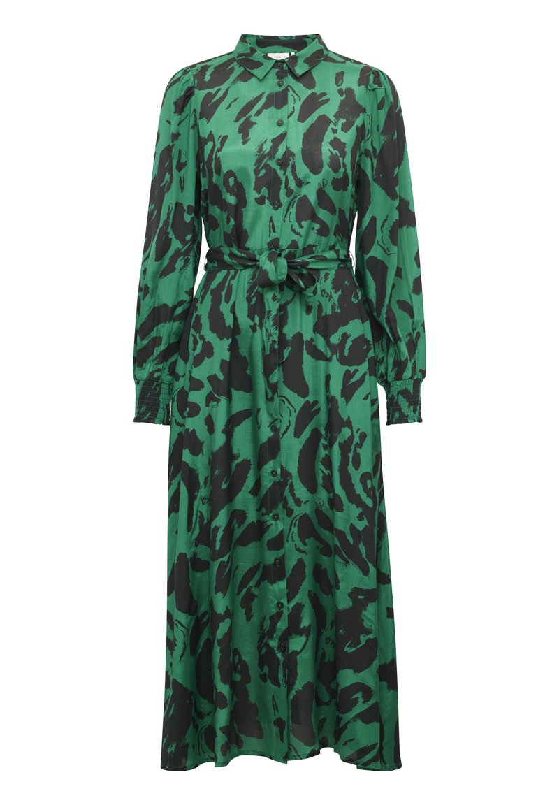 Grünes Leopardenmusterkleid mit Kragen, Knopfverschluss, langen Ärmeln und gebundenem Taillengürtel. Aus einem glatten, leichten Stoff gefertigt.