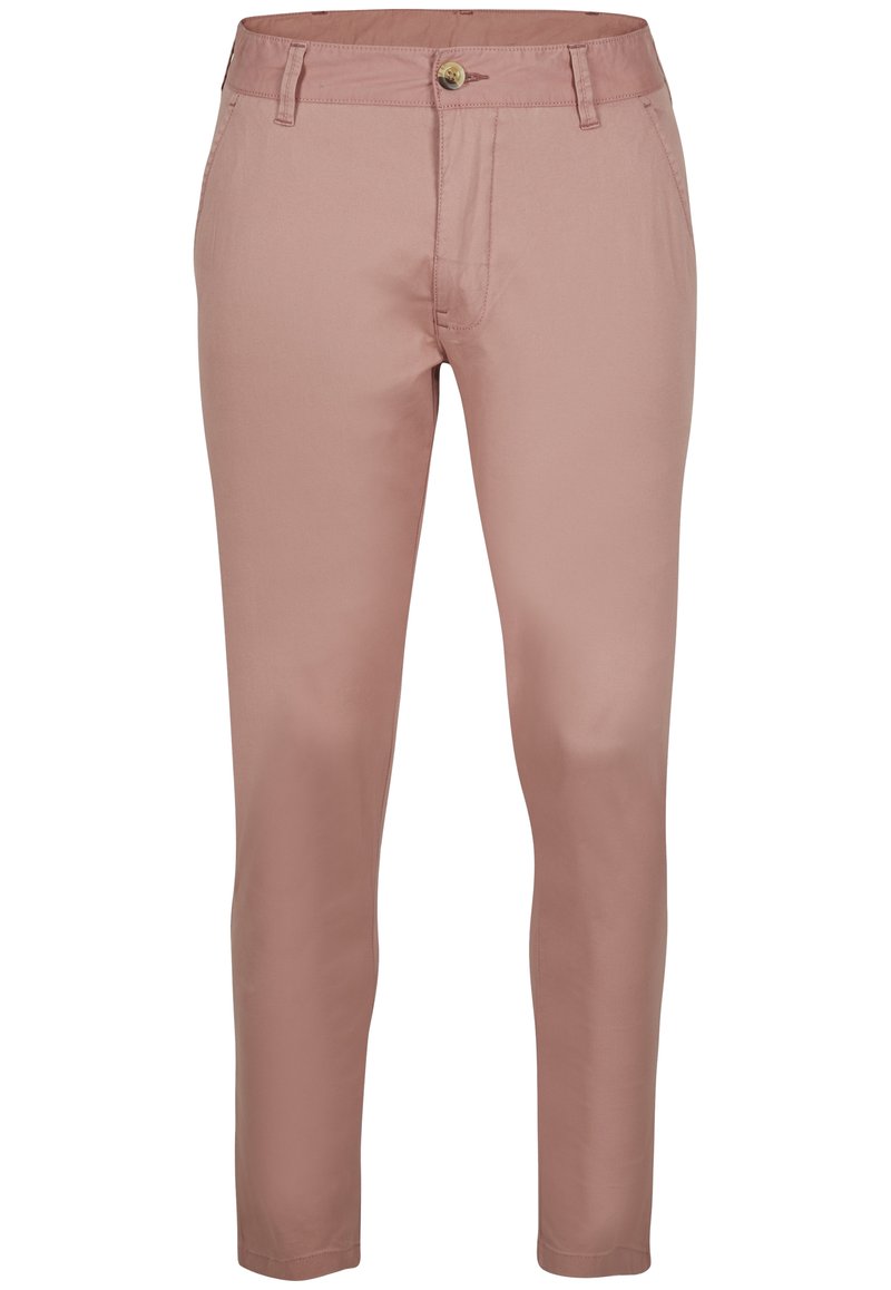 Schmal geschnittene Hose aus weichem, zartrosa Stoff mit glatter Textur, ausgestattet mit Vordertaschen und einem Knopfverschluss am Bund.