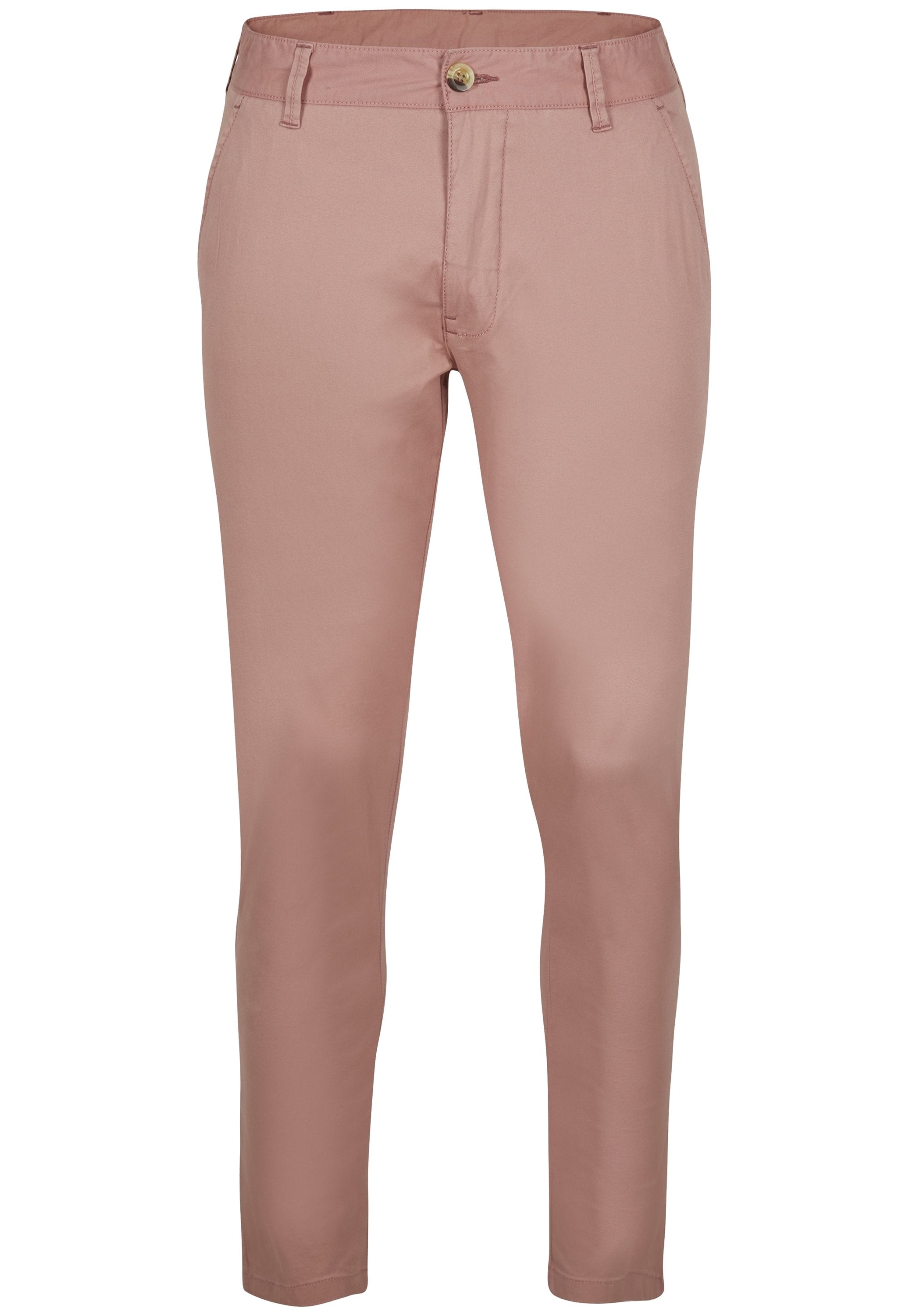 Schmal geschnittene Hose aus weichem, zartrosa Stoff mit glatter Textur, ausgestattet mit Vordertaschen und einem Knopfverschluss am Bund.