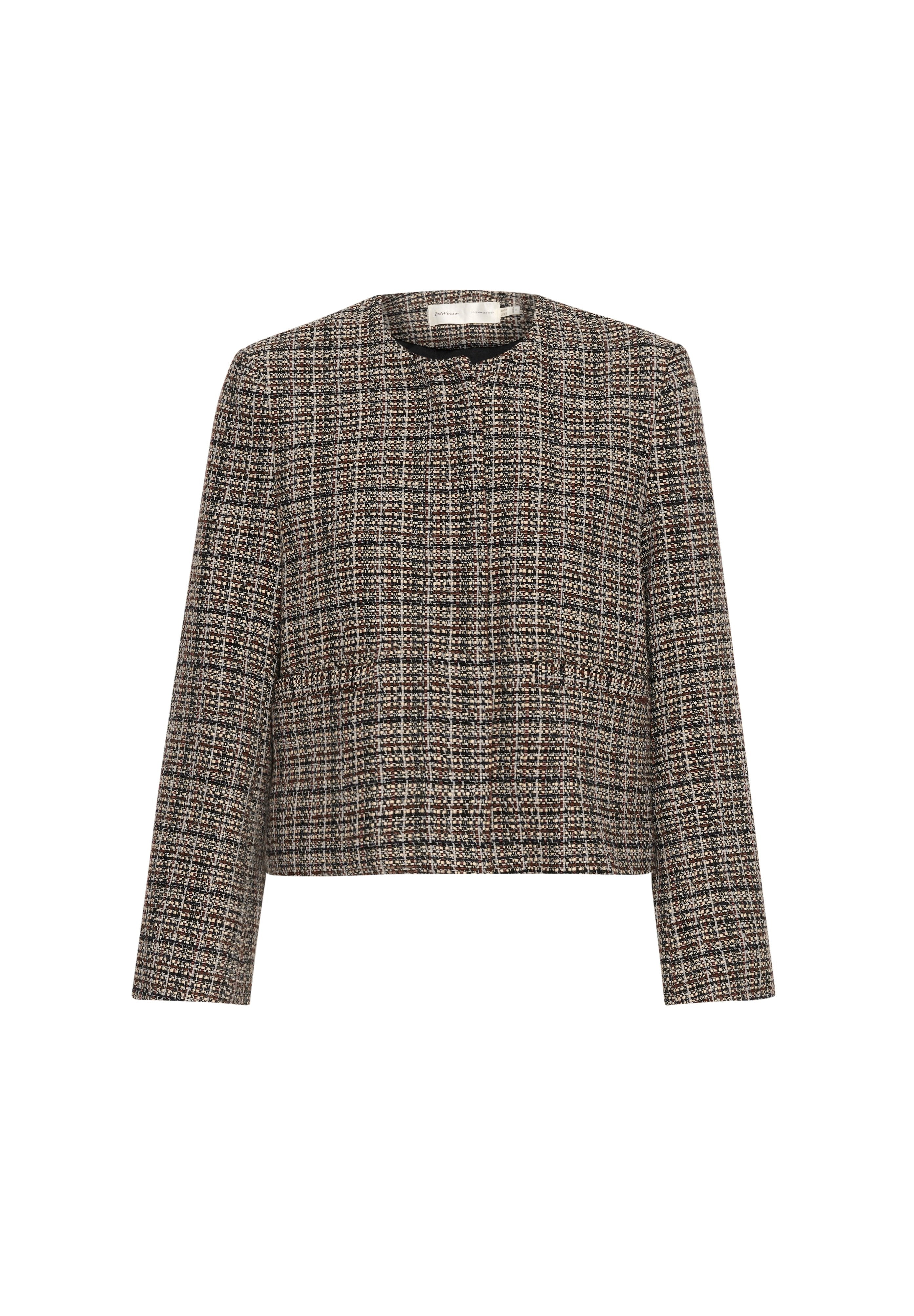 Gekürzte Jacke aus einem strukturierten, mehrfarbigen Tweedstoff mit hohem Kragen und langen Ärmeln, die ein kariertes Muster in Braun und Creme aufweist.