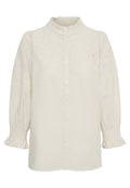 Helle beige Bluse mit langen Ärmeln, Rüschenkragen, Knopfleiste und bestickten Blattmustern. Puffärmel mit gerafften Manschetten.