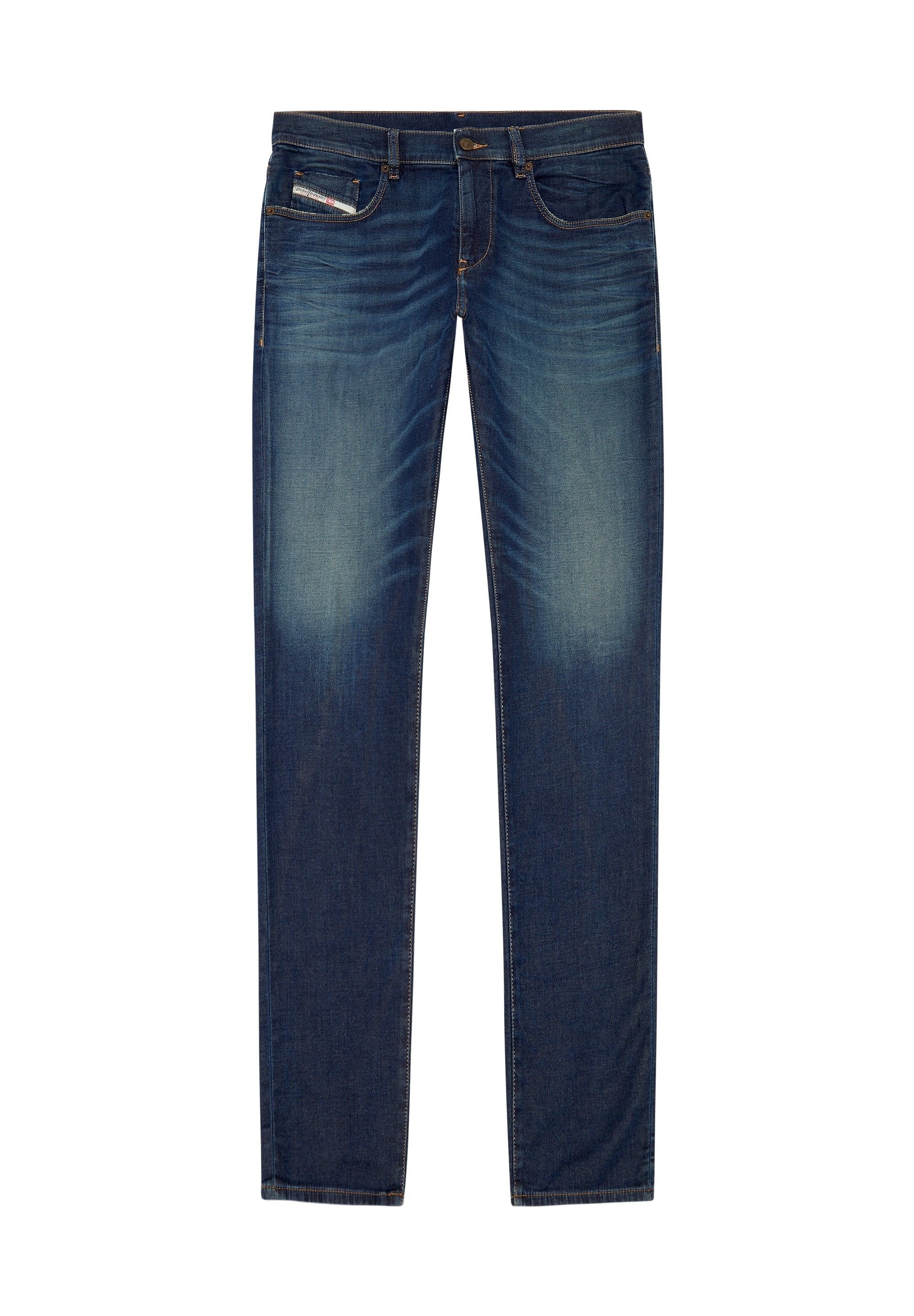 Dunkelblaue Jeans aus Denim mit geradem Schnitt, dezenten Ausbleichungen an den Oberschenkeln, fünf Taschen und kontrastierenden Nähten.