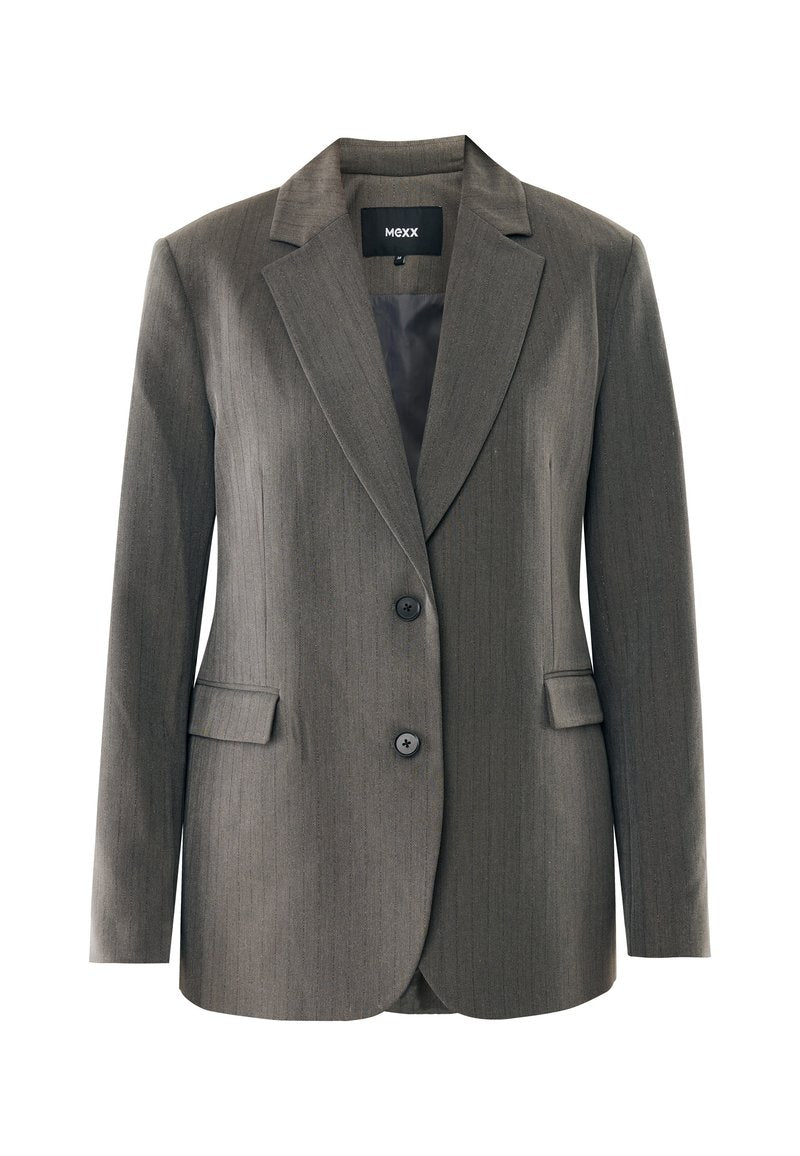 Grau gestreifter Blazer aus glattem Stoff. Verfügt über zwei vordere Knöpfe, geknöpfte Revers und zwei Taschen. Innenfutter sichtbar.