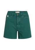 Grüne Jeansshorts mit hohem Bund, fünf Taschen und einem vorderen Knopfverschluss. Verfügt über gestickte Details und ein Logotag am Bund.