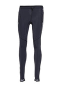 Schwarze Sportleggings mit eng anliegendem Design, aus dehnbarem Material gefertigt. Sie verfügen über einen Kordelzug in der Taille und reflektierende Akzente an den Seiten.