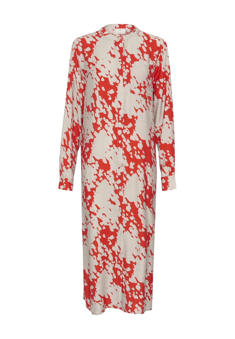 Langärmliges Kleid aus einem weißen Stoff mit einem roten abstrakten Muster, Knopfverschluss vorne und rundem Ausschnitt. Knielang mit lässiger Passform.