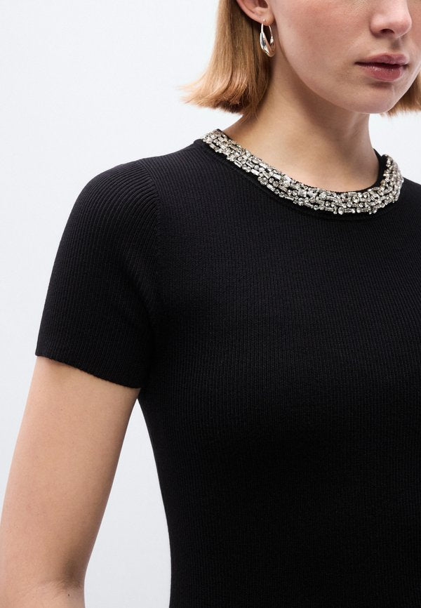 DKNY SHORT SLEEVE CREWNECK SHORT DRESS EMBELLISHED RHINESTONES AT NECKLINE
