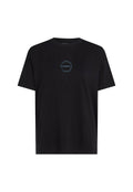 Schwarzes Baumwoll-T-Shirt mit kurzen Ärmeln und rundem Ausschnitt. Verfügt über ein blaues rundes Logo mit dem Text "O'NEILL" in der Mitte.